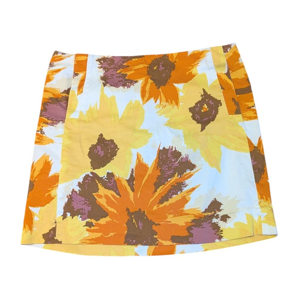 J Crew Mini Skirt Floral Sunflowers Stretch Pockets Retro Boho‎ Whimsicore